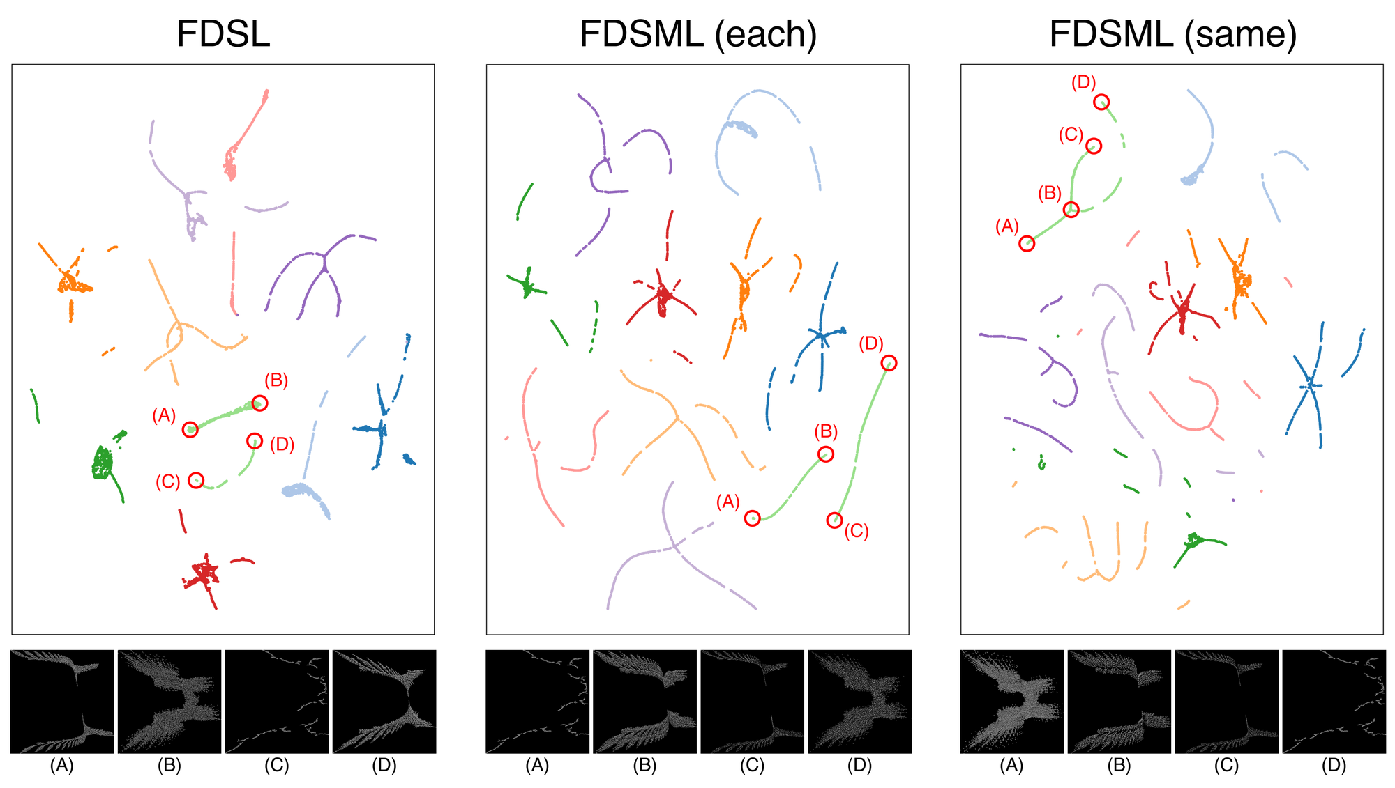 UMAP of embeddings learned with FDSL, FDSML (each), FDSML (same)